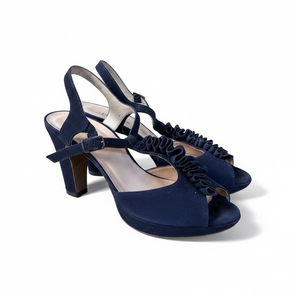 Paul Green Navy Suede Ruffled Strap Platform Chunky Heeled Sandals EU5/US7.5